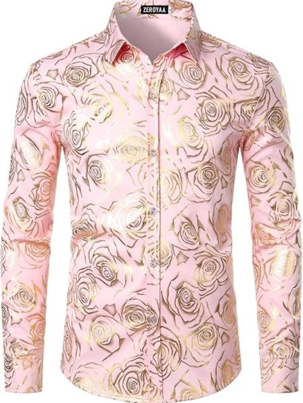 ZEROYAA Men's Rose Gold Shiny Floral Printed Button-Down Shirt - Picture 1 of 2